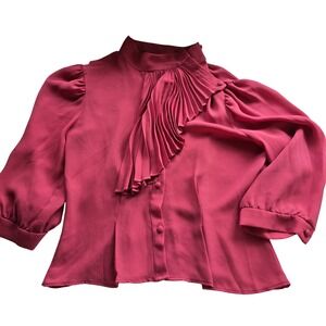 *NWT* Vintage 80s Pink Pleated Ruffle Collar Puff Sleeve Button Front Blouse SM
